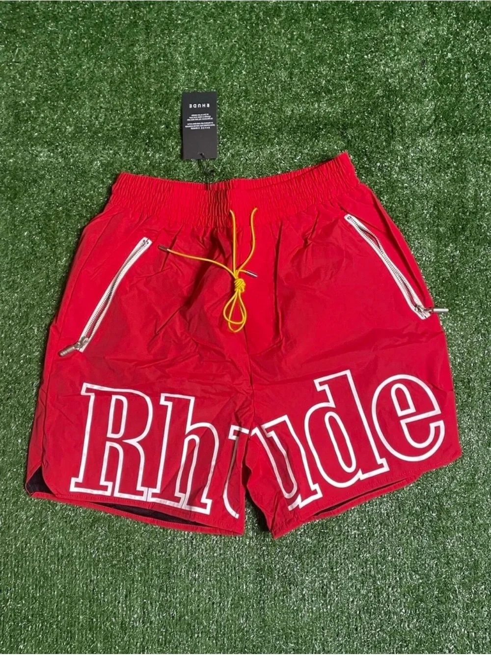 Rhude Red and Black Swim Shorts with Branded Waistband